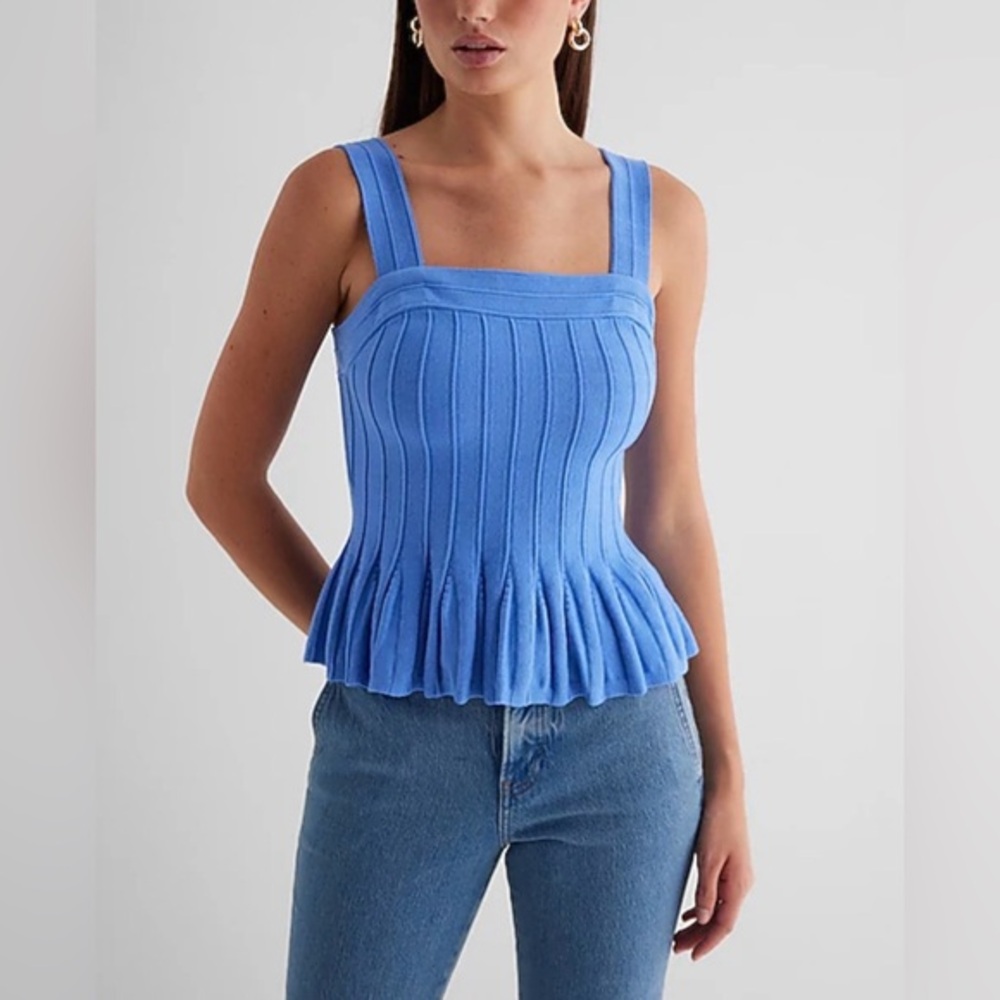 Express Women’s Small Blue Square Neck Pleated Peplum Sweater Tank Top S